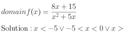 The domain of f(x)=(8x+15)/(x^2+5x) is x<-5\lor-5<x<0\lor x>0